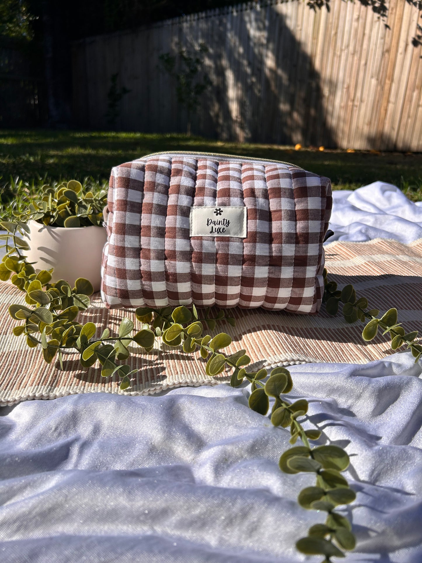 Chocolate Gingham Makeup Bag