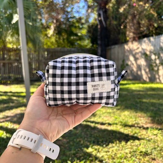 Black and white checkered pouch, mini makeup bag, gingham black, black gingham pouch 