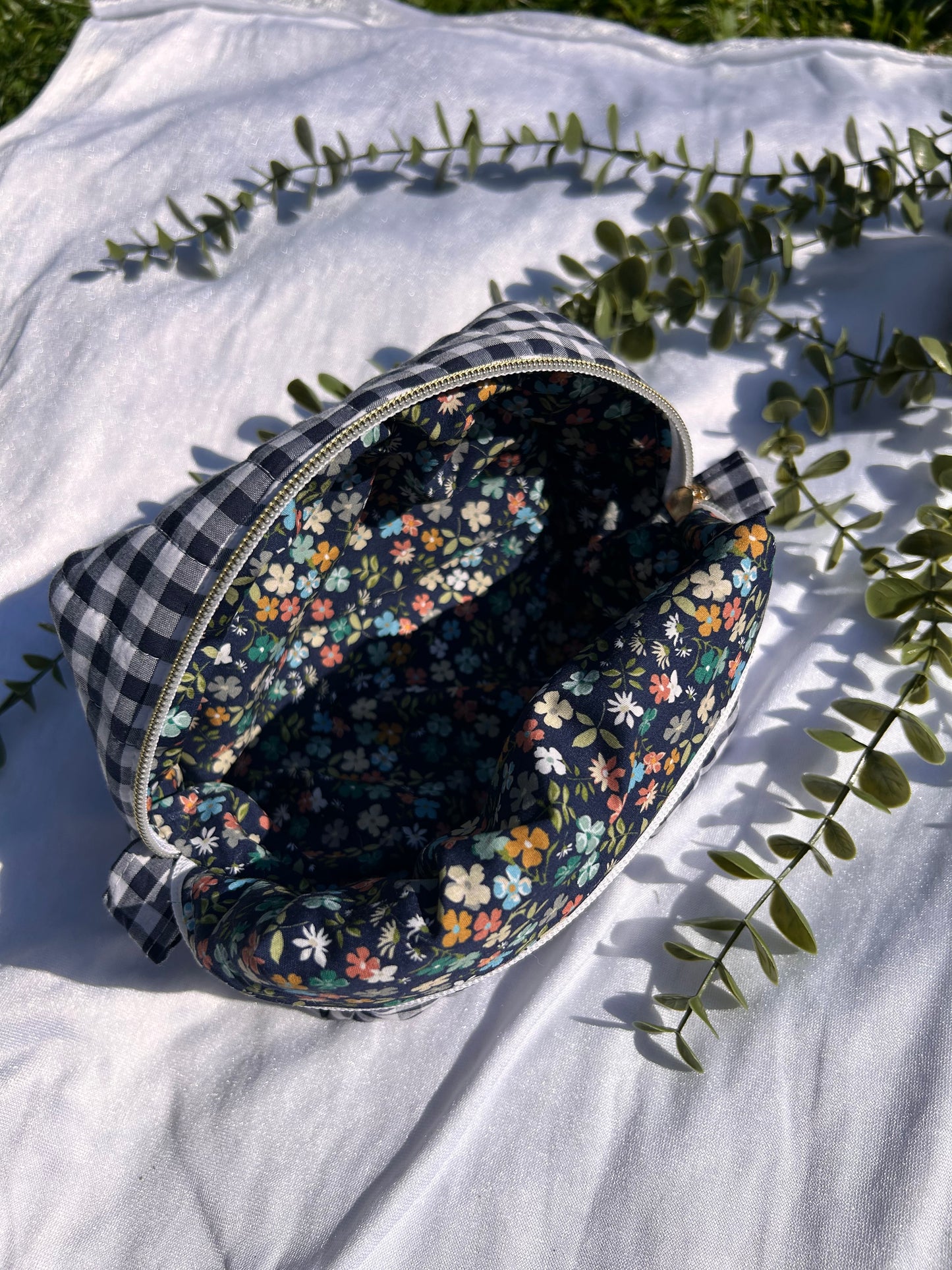Medium Navy Gingham Makeup Bag